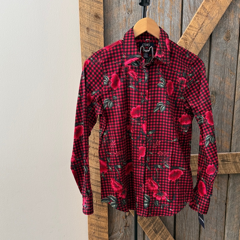 NWT Chaps Black & Red Plaid Floral Button Down - Size S
